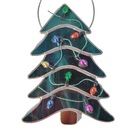 Green Stained Glass Christmas Tree Ornament with Multicolor Lights and Star 5" - Picture 7 of 10